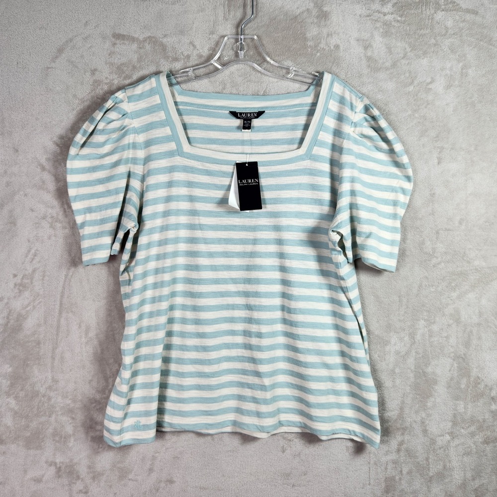 Lauren Ralph Lauren Top Womens XL Blue Striped Puff Sleeve Square Neck Preppy
